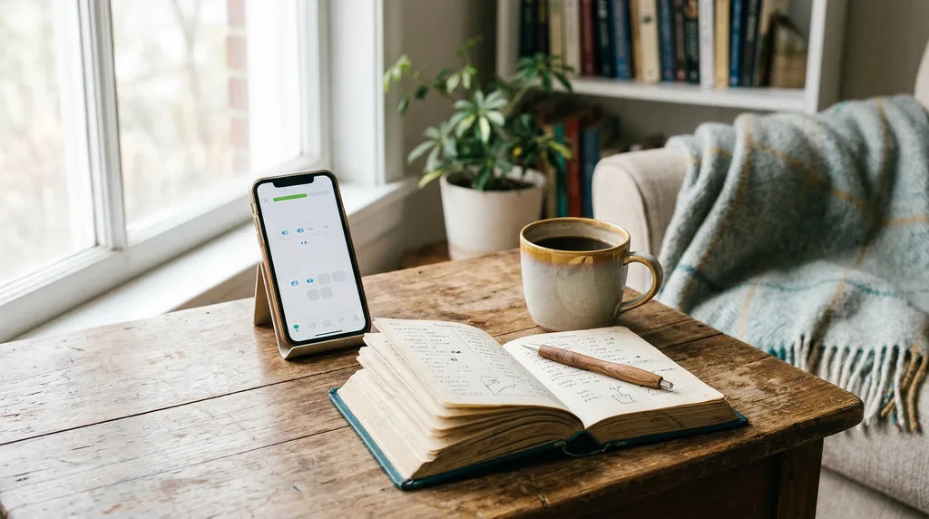 A phone set up for language learning beside an open notebook and coffee