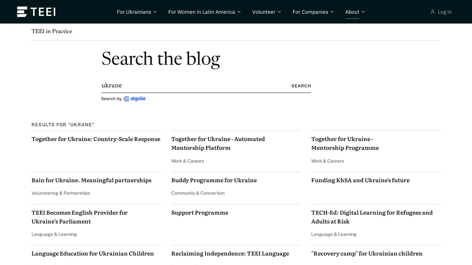 The TEEI blog search box with the misspelt word ukrane typed in, listing Together for Ukraine posts, with the Search by Algolia logo under the box