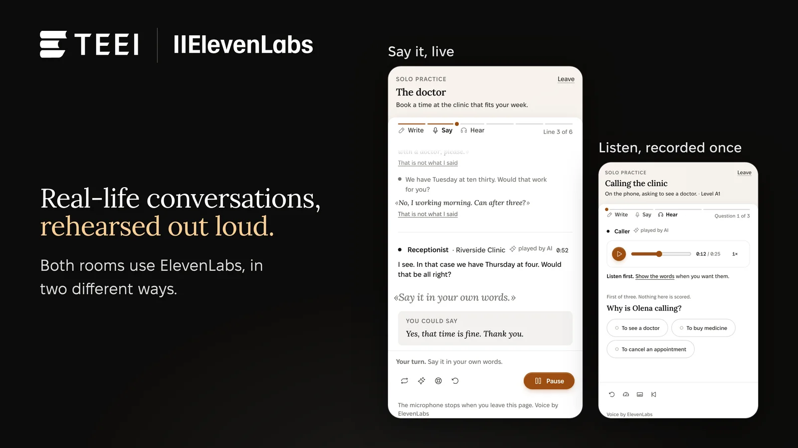 Dark band with the TEEI and ElevenLabs marks, the headline Real-life conversations, rehearsed out loud, and the line Both rooms use ElevenLabs, in two different ways. Beside it, two Practice Companion phone screens: the Say it room in the scenario The doctor, mid-conversation with a clinic receptionist and a You could say prompt, labelled Say it, live, and the Listen room in Calling the clinic, with a recorded caller and the first comprehension question, labelled Listen, recorded once.