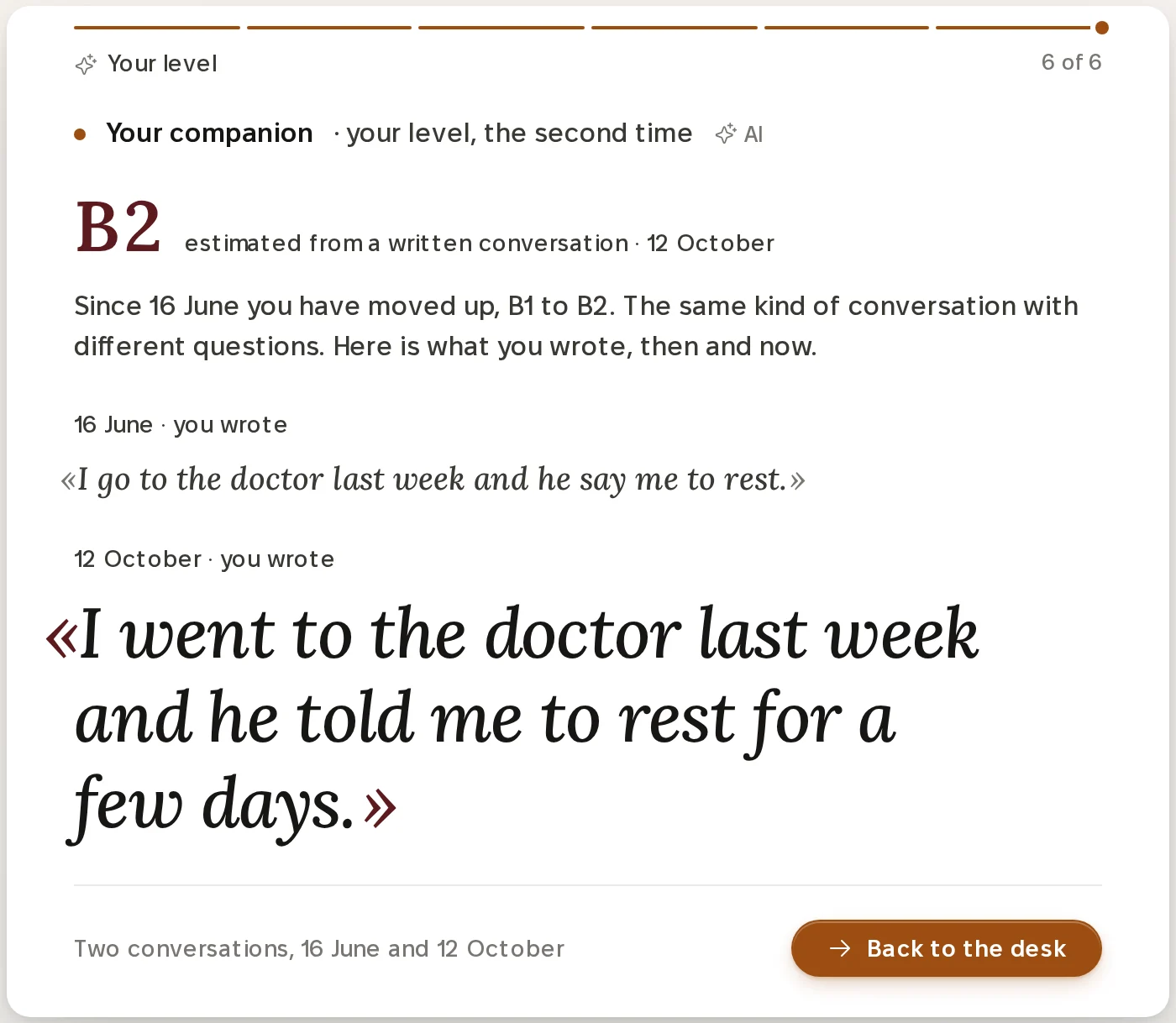 The second reading on a laptop, headed your level, the second time. A large B2, estimated from a written conversation, 12 October. Since 16 June you have moved up, B1 to B2. The same kind of conversation with different questions. Here is what you wrote, then and now. On 16 June: I go to the doctor last week and he say me to rest. On 12 October, in large italic: I went to the doctor last week and he told me to rest for a few days. At the bottom: Two conversations, 16 June and 12 October, and a button, Back to the desk.