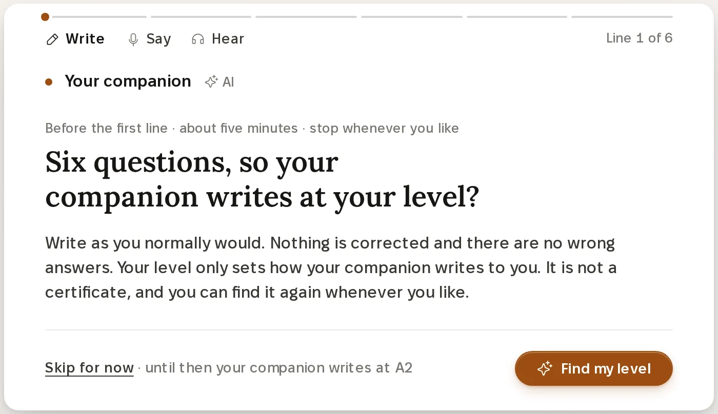 The Write room on a laptop, before the learner's first line, with the companion's offer: Six questions, so your companion writes at your level? Under it: Write as you normally would. Nothing is corrected and there are no wrong answers. Your level only sets how your companion writes to you. It is not a certificate, and you can find it again whenever you like. Two choices: Skip for now, until then your companion writes at A2, and a button, Find my level. The shelf on the right ends with Level not set.