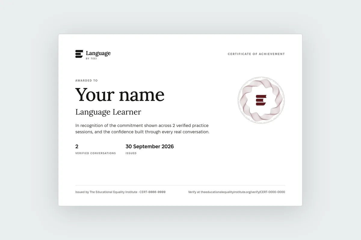 A sample TEEI Language certificate made out to «Your name», with the number of verified conversations, the issue date and a verification address.