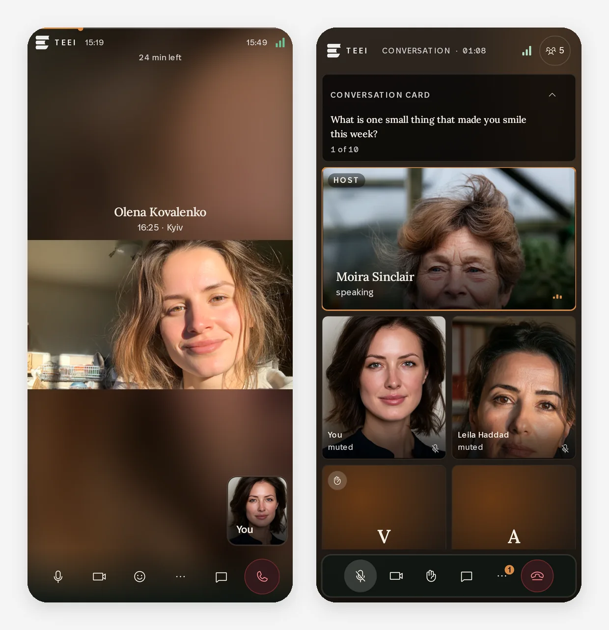 Two phone screens side by side. On the left, a one-to-one session with the volunteer's video between the time left and the controls. On the right, a Speaking Club with a conversation card at the top, the host speaking, and four participants in a grid below.