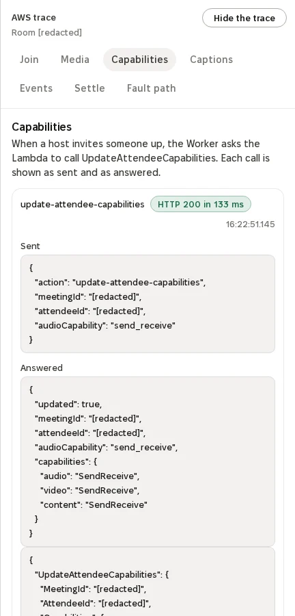 The Capabilities tab: the UpdateAttendeeCapabilities call as sent and as answered, HTTP 200 in 133 ms.