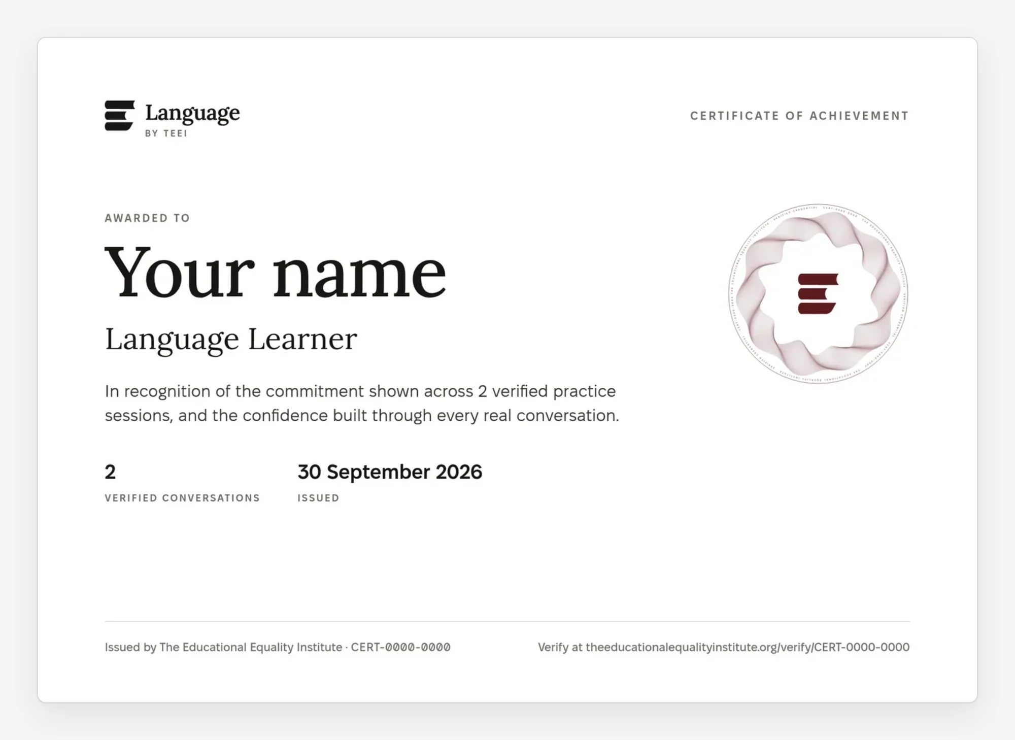 A sample TEEI Language certificate of achievement with the placeholder name Your name, for the Language Learner role, with a seal and placeholder certificate details.