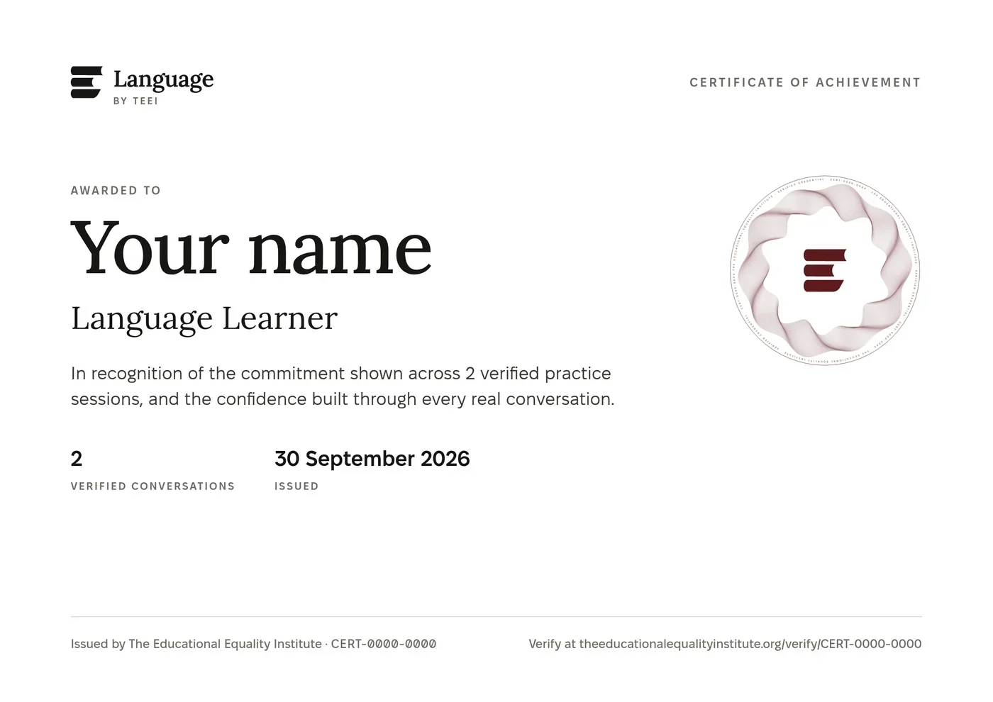 A sample TEEI Language certificate of achievement with the placeholder name Your name, for the Language Learner role, with a seal and placeholder certificate details.