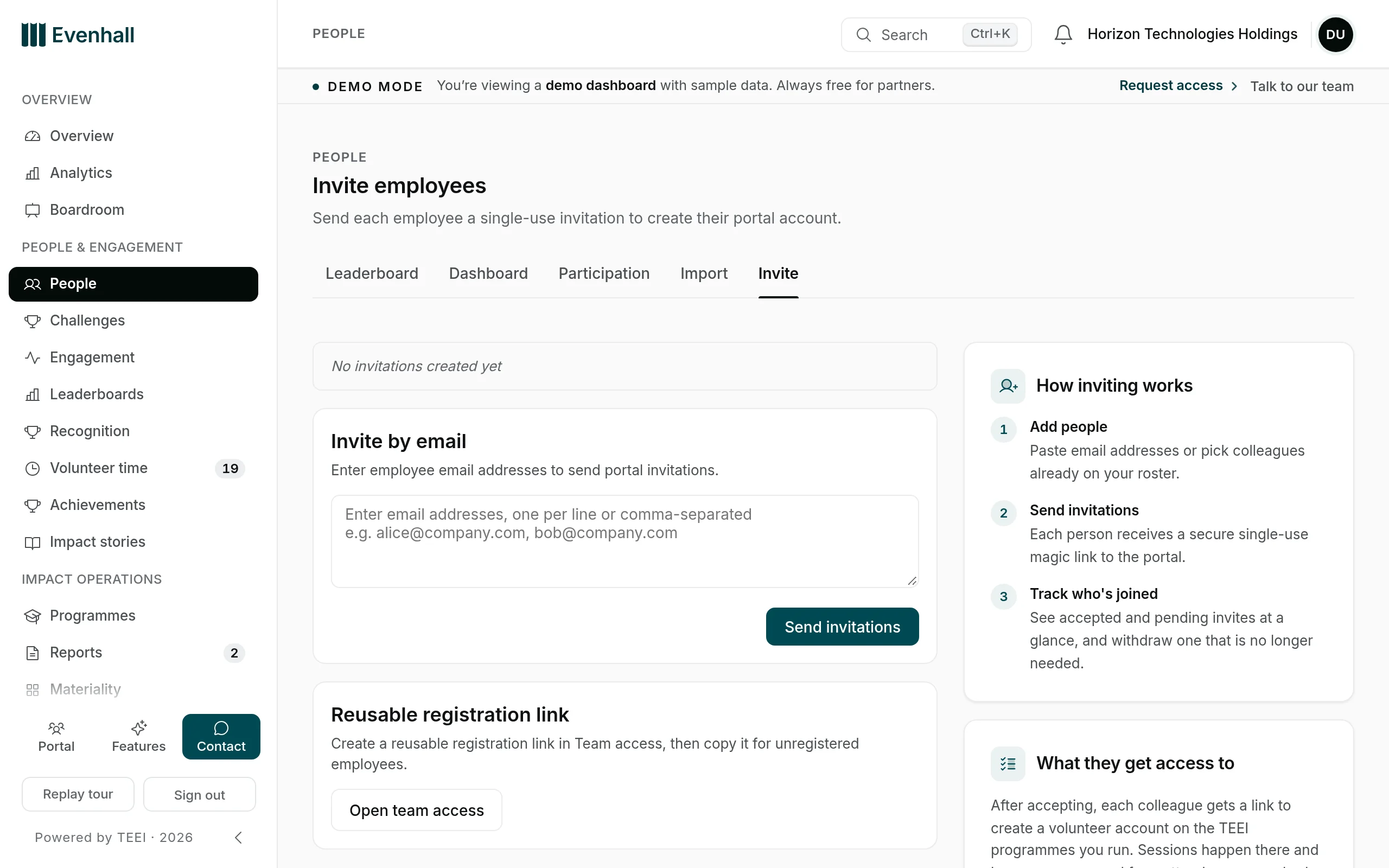 The Invite employees page in Evenhall's demo workspace for a sample company. A field takes email addresses, one per line or separated by commas, with a Send invitations button below it. A panel beside it explains how inviting works: add people, send invitations so that each person receives a single-use link, and track who has joined.