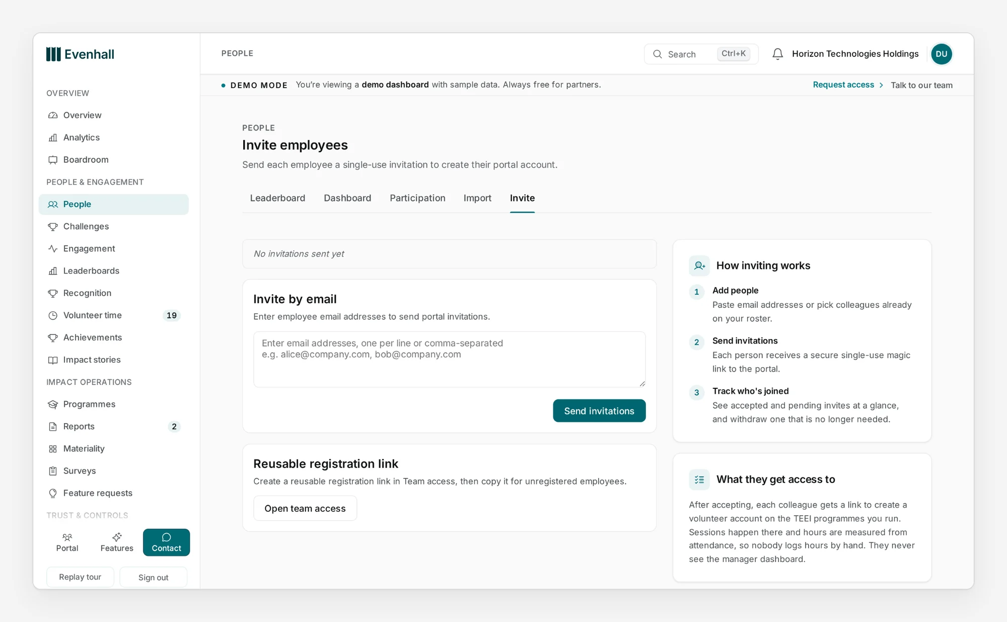 The Invite employees page in Evenhall's demo workspace for a sample company. A field takes email addresses, one per line or separated by commas, with a Send invitations button below it. A panel beside it explains how inviting works: add people, send invitations so that each person receives a single-use link, and track who has joined.
