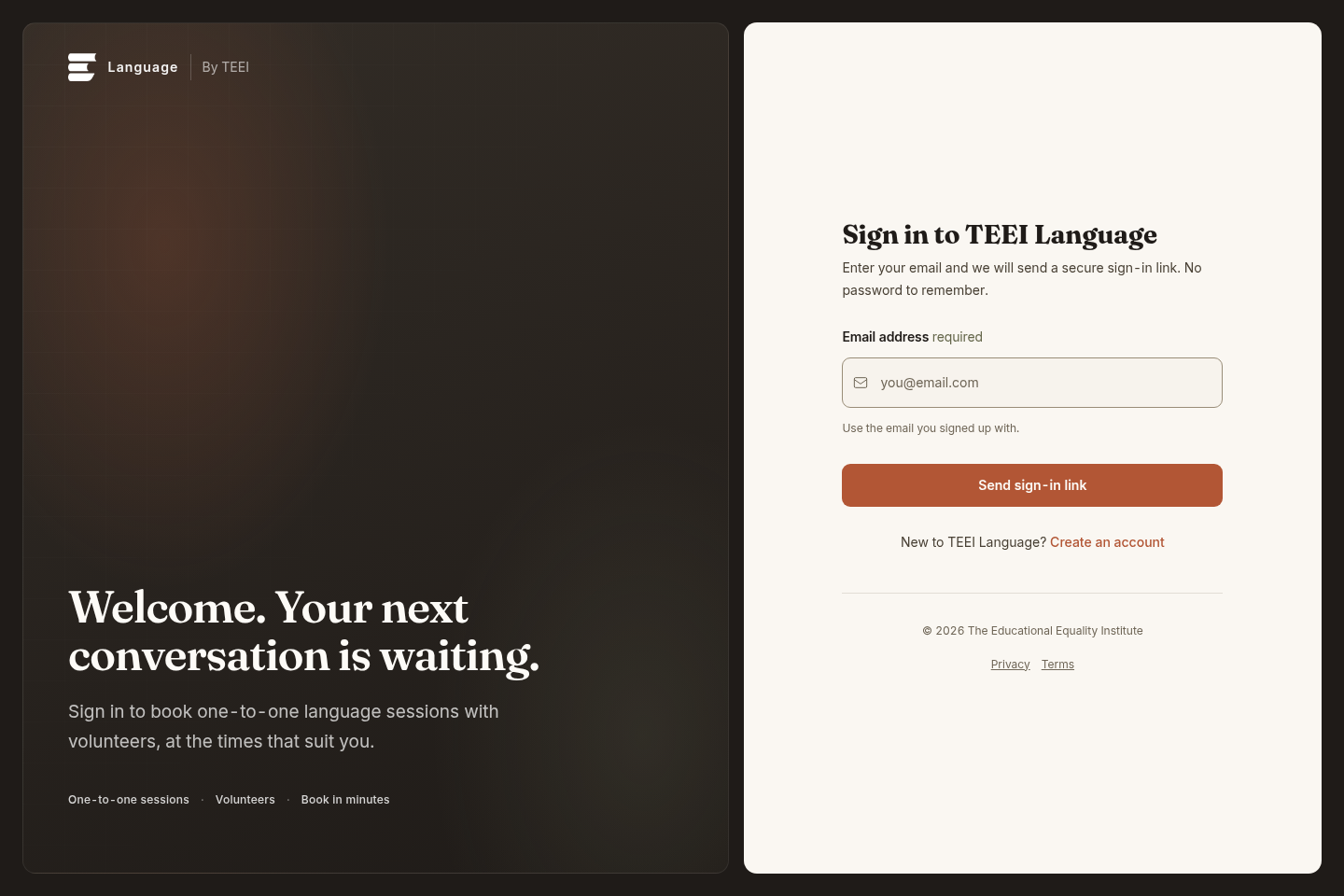 TEEI Language sign-in screen