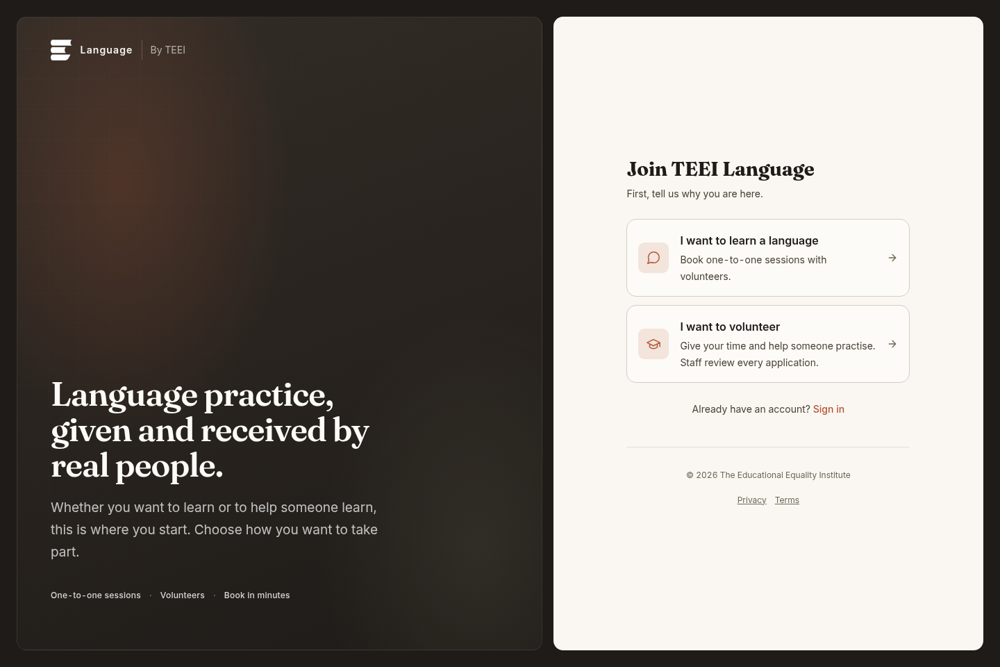 TEEI Language sign-up screen for learners and volunteers