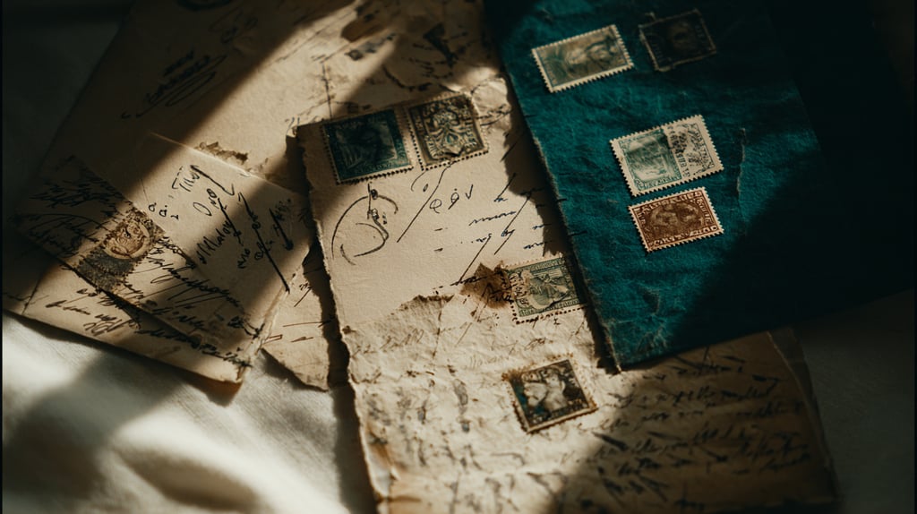 Vintage letters and postcards with stamps on teal envelope - representing stories of connection