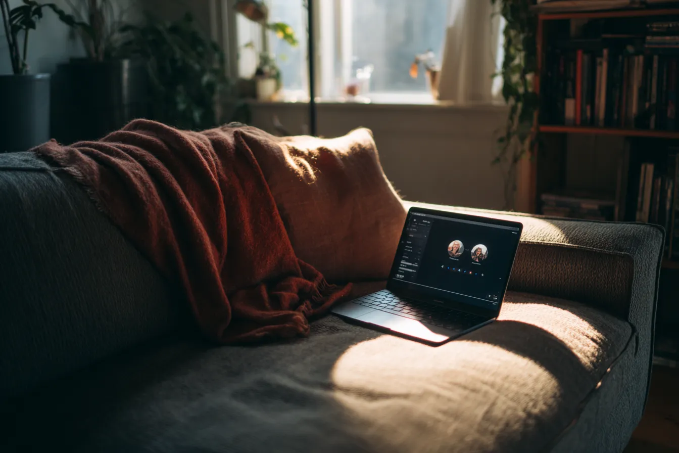 A laptop on a sofa in a warm living room, a video call waiting to begin