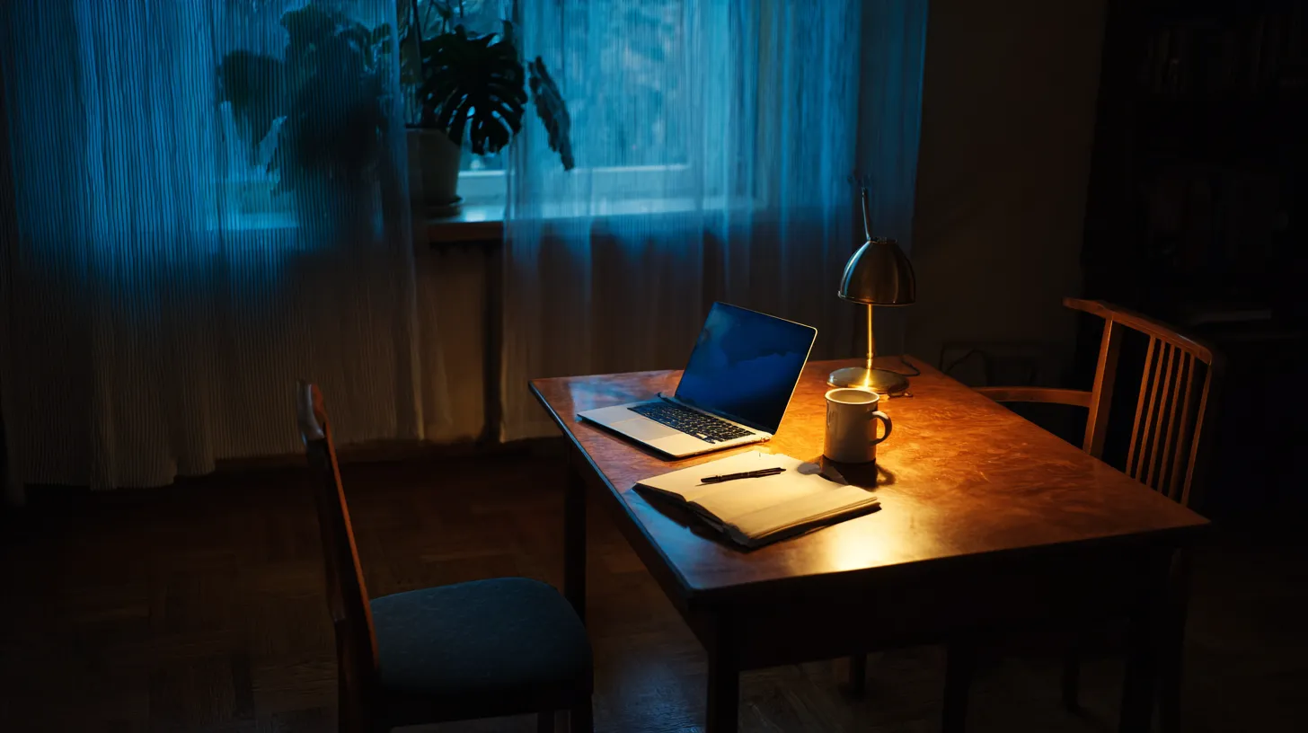 A quiet kitchen table in the evening, a laptop and a cup left waiting