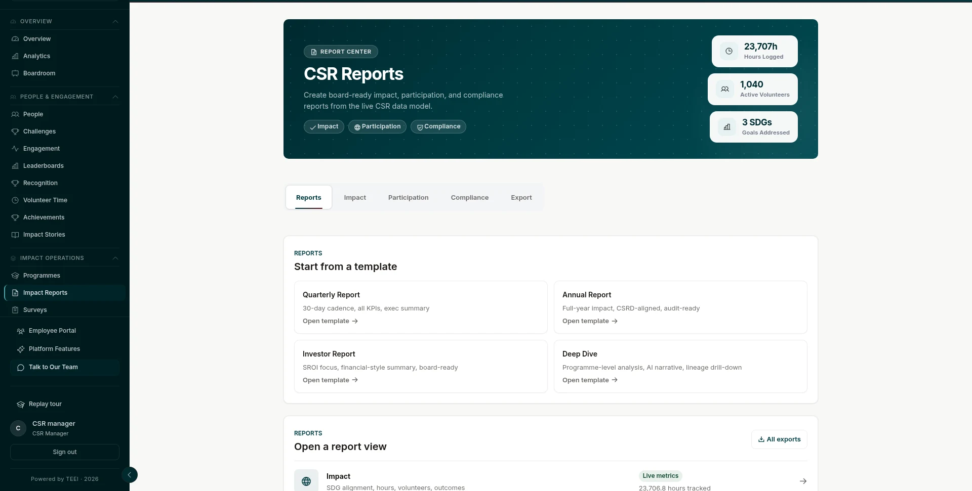 CSR Cockpit's reporting module, showing report templates and hours generated from the underlying data model.