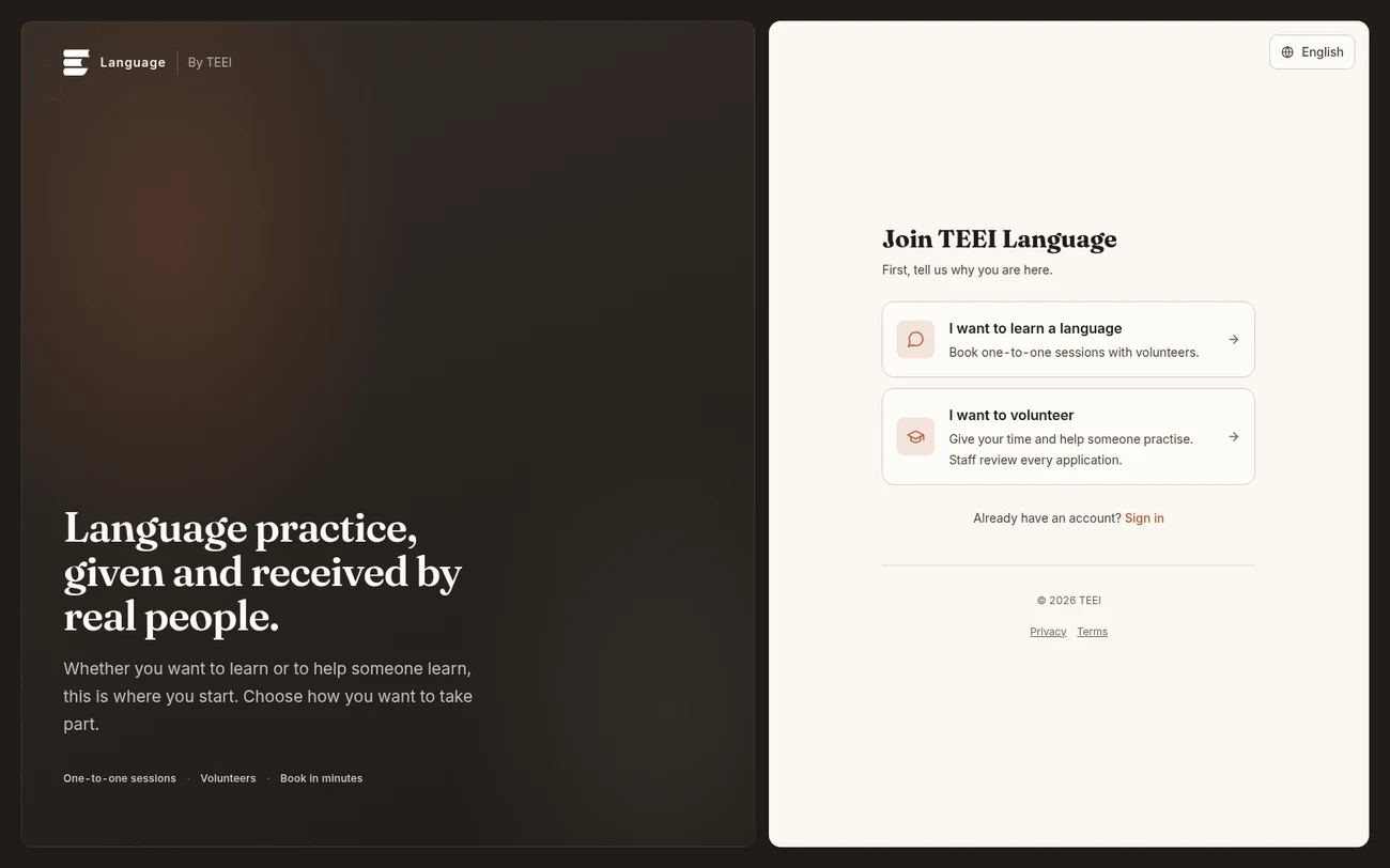 The TEEI Language sign-up: Language practice, given and received by real people. Choose to learn or to volunteer.