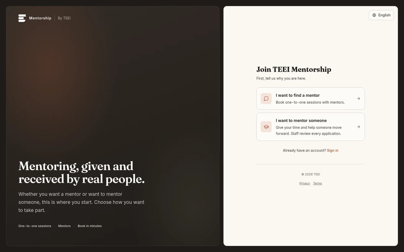 The TEEI platform booking surface: role, availability, and sessions in one place.