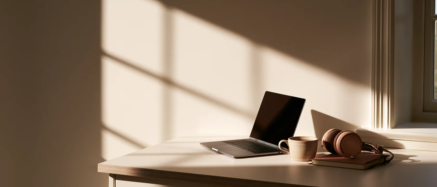 A desk in warm afternoon light, laptop open and headphones ready for a session.
