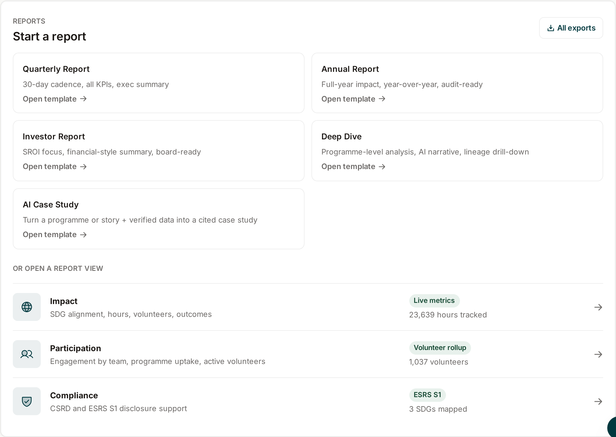 The report builder inside the CSR Cockpit, showing format and framework choices for a new report