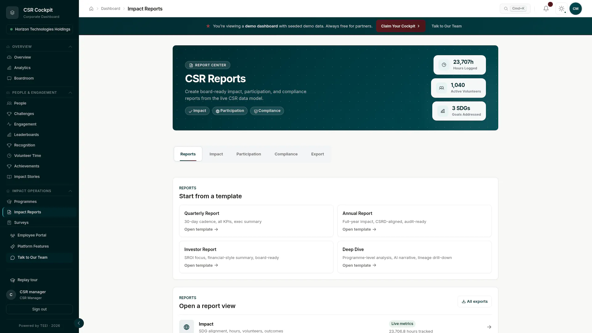 A CSRD-aligned quarterly impact report exported from the CSR Cockpit for the demo tenant.