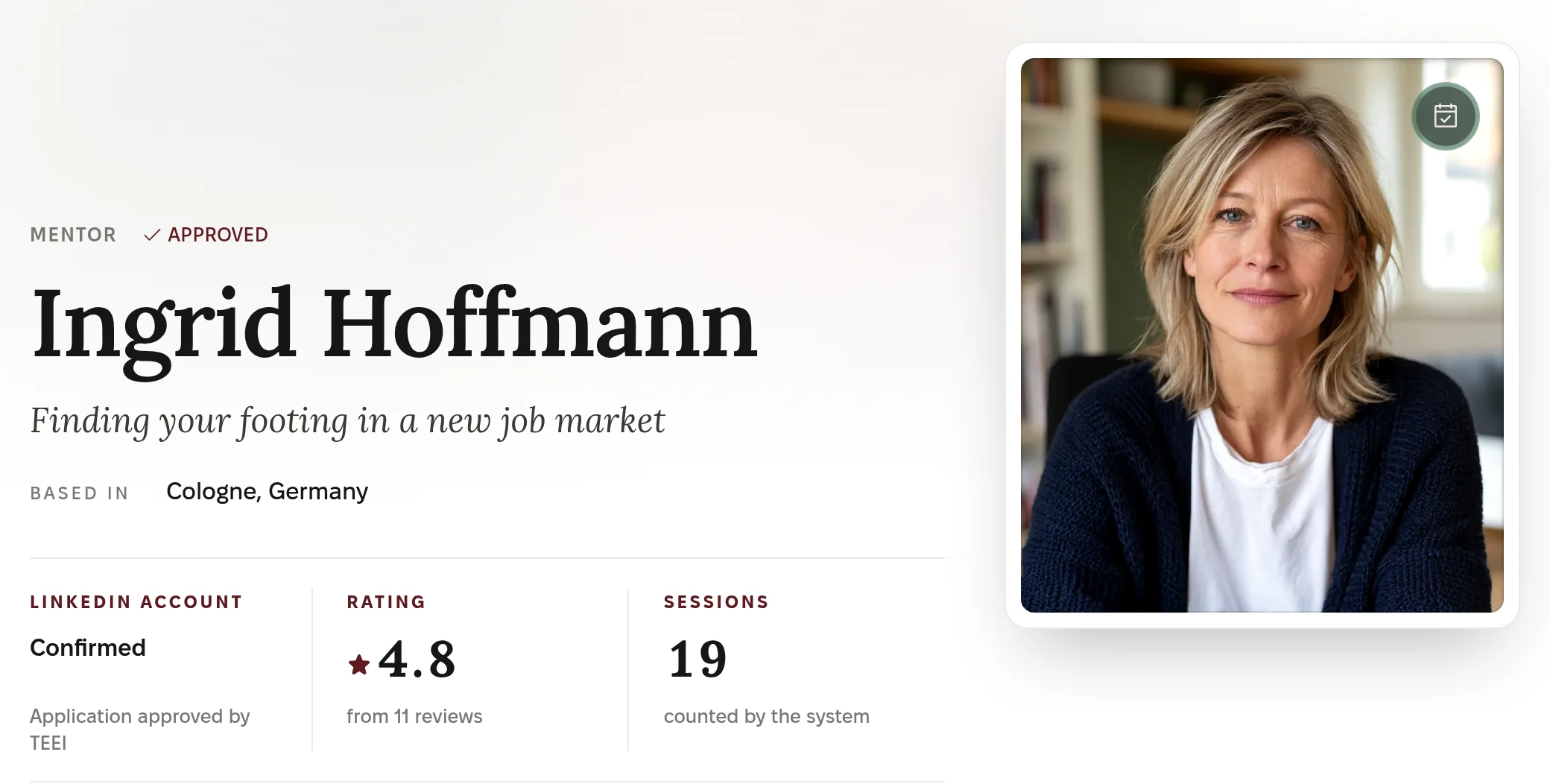 A mentor profile on the TEEI Mentorship platform: the Approved label, name, city, confirmed LinkedIn account, rating and number of sessions held