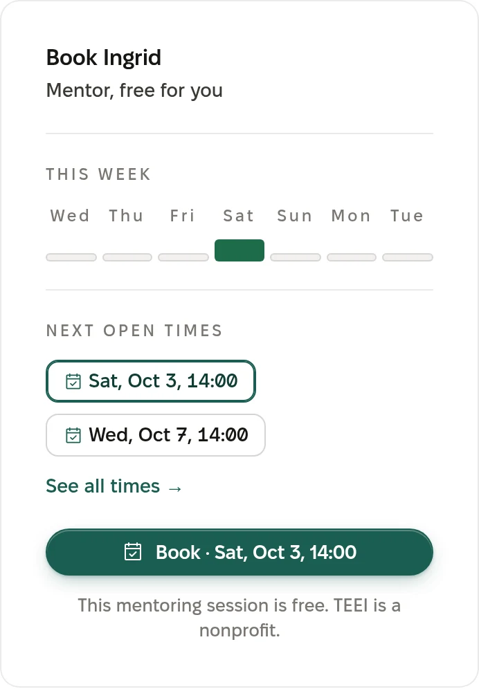 The booking panel on a mentor profile: the days of this week, the next open times and the Book button