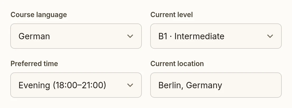 Fields of the course application: Course language German, Current level B1 · Intermediate, Preferred time Evening (18:00–21:00), Current location Berlin, Germany