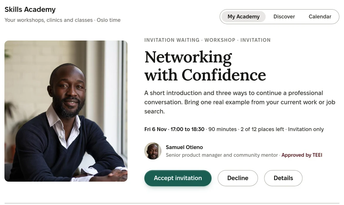 My Academy in Skills Academy: an invitation to the workshop Networking with Confidence with Samuel Otieno, with Accept invitation, Decline and Details