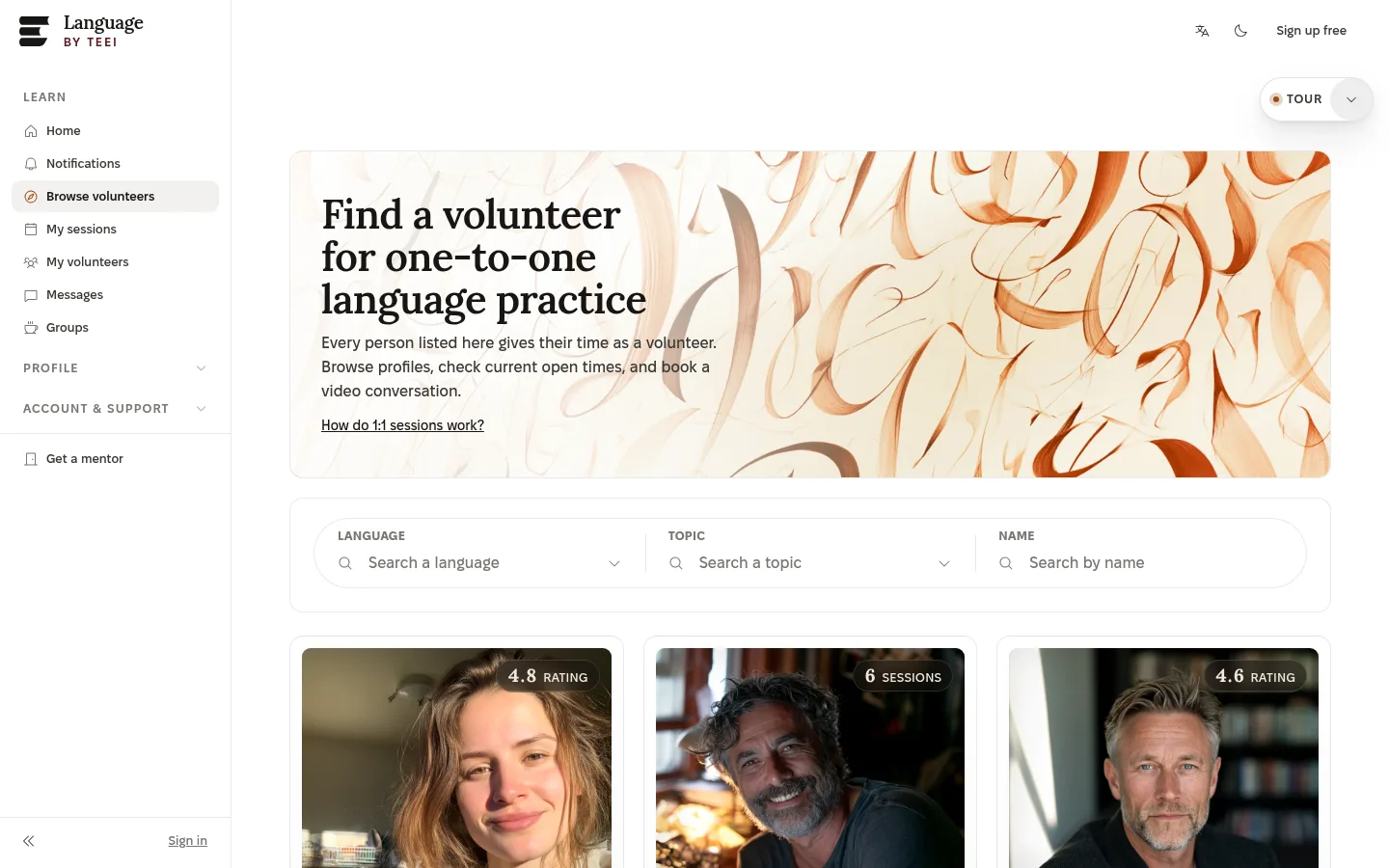 Browse volunteers in the tour: Find a volunteer for one-to-one language practice, search by language, topic or name, and one card per volunteer with rating and sessions