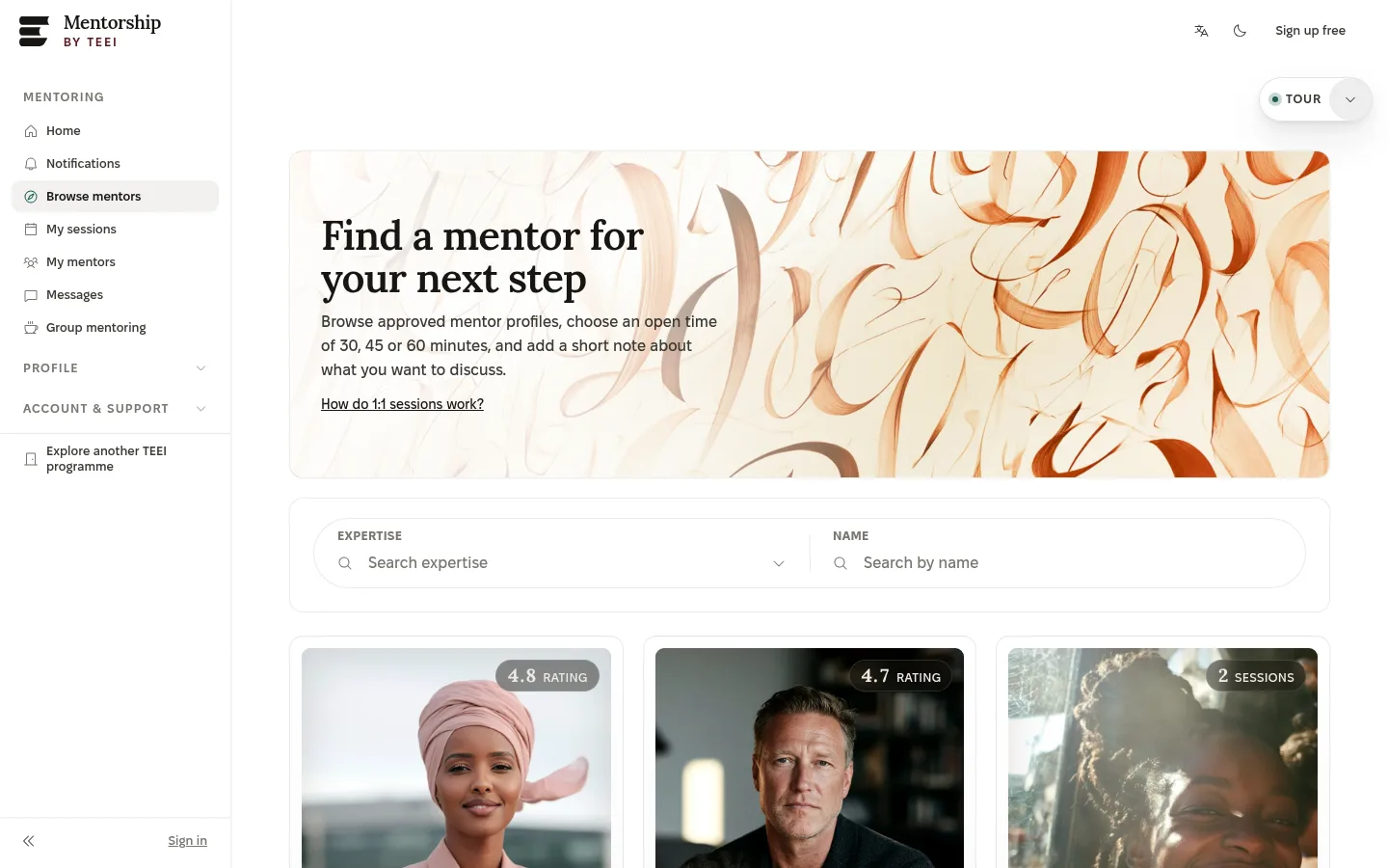 Browse mentors in the tour: Find a mentor for your next step, search by expertise or name, and one card per mentor with rating and sessions