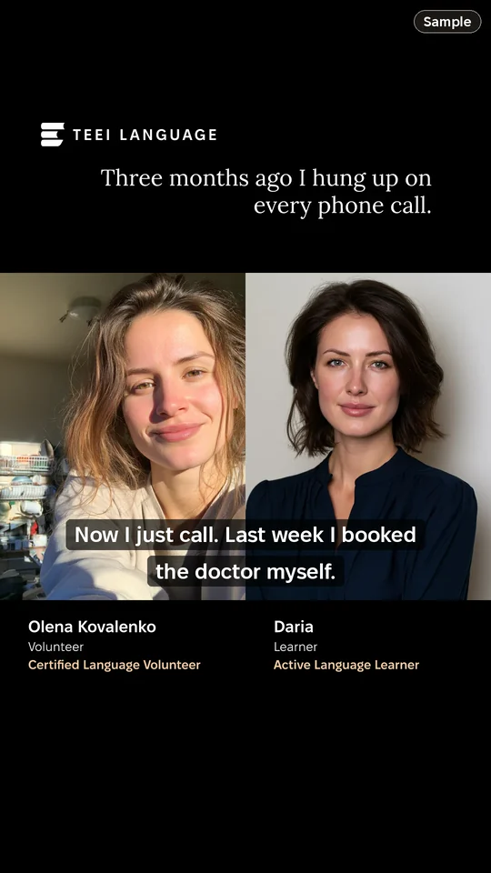 Story video, one frame: Olena Kovalenko and Daria side by side, the sentence Daria said under them, sample data