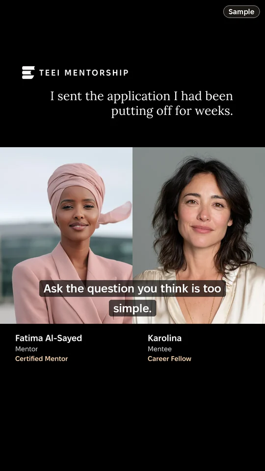Story video, one frame: Fatima Al-Sayed and Karolina side by side, the sentence under them, sample data