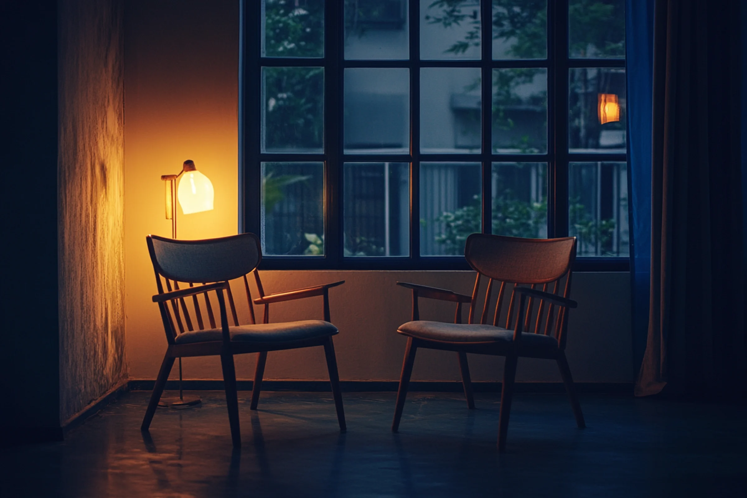 Two armchairs facing each other by a window, one warm lamp