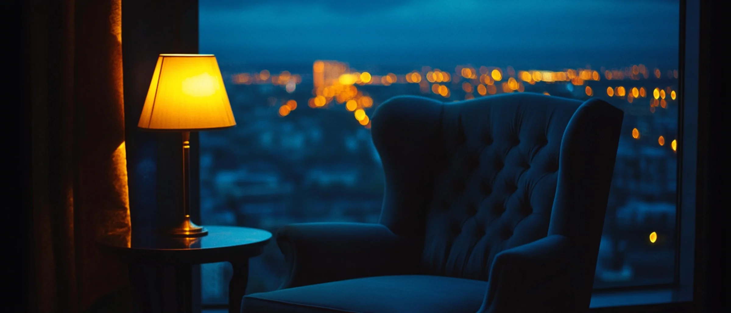 An empty armchair beside a window at night, lit by a single warm lamp