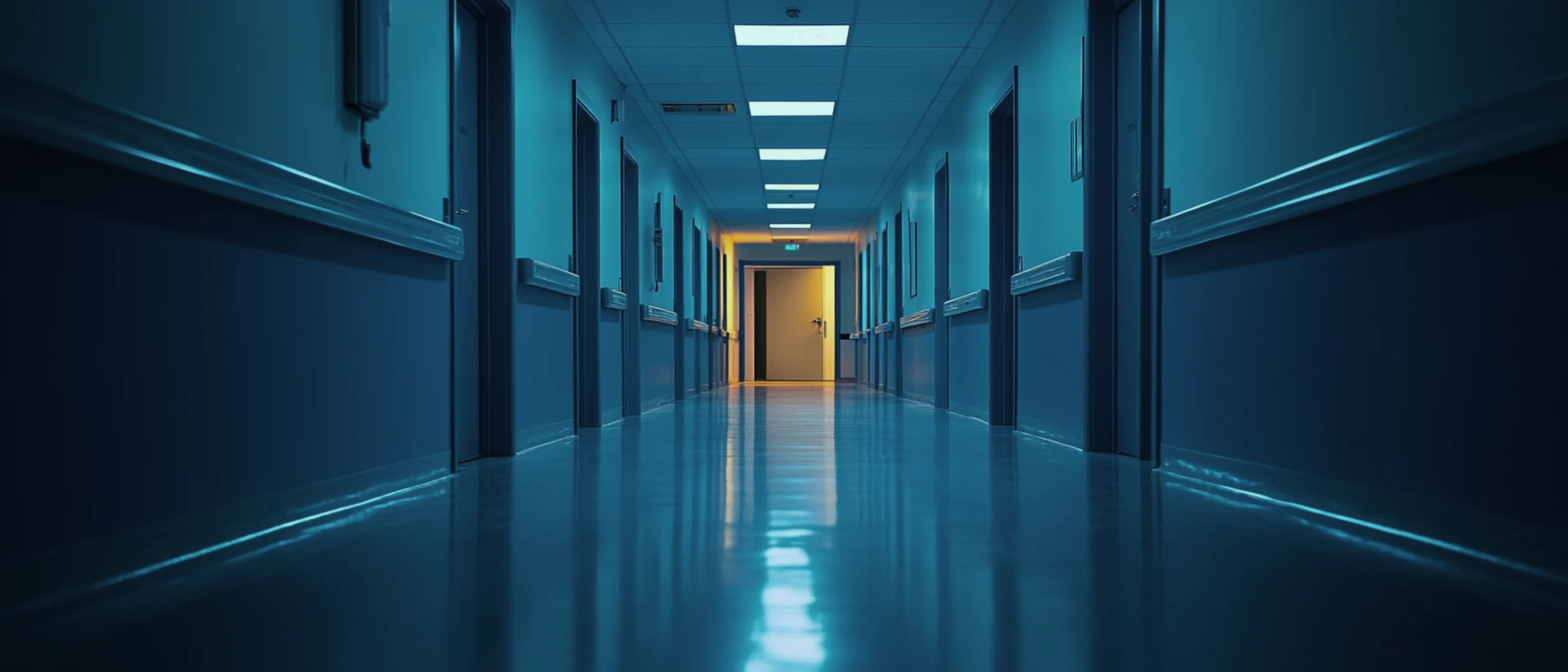 An empty hospital corridor at night with one doorway of warm light at the far end