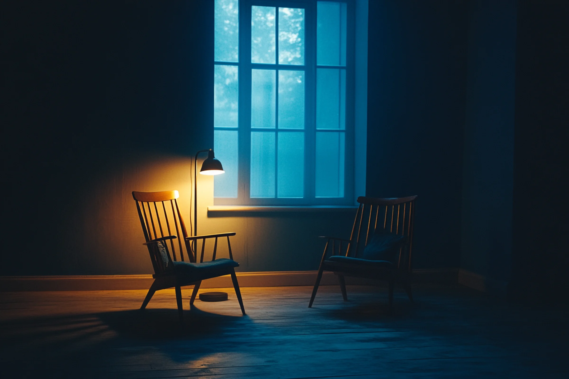 Two chairs angled toward each other by a window at night, one lit by a warm lamp