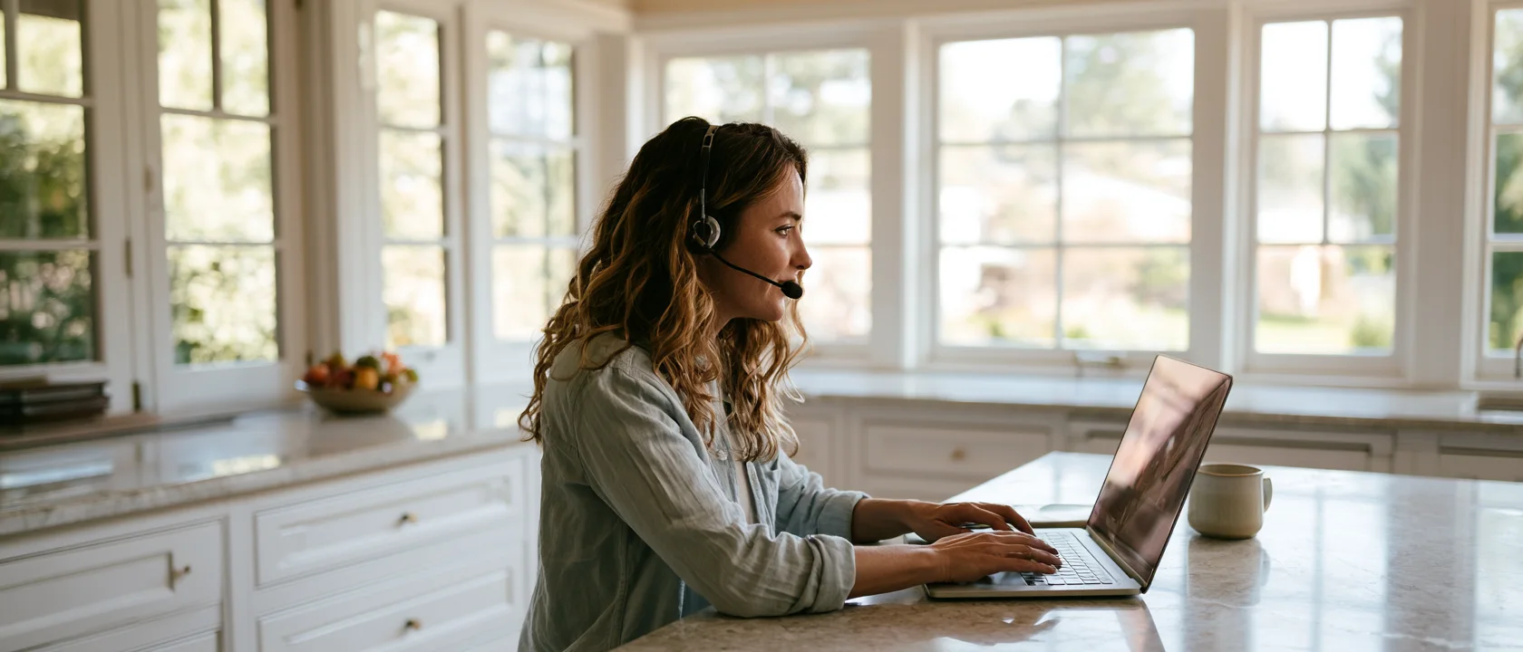 A specialist on a headset, mid-call at a bright kitchen counter.