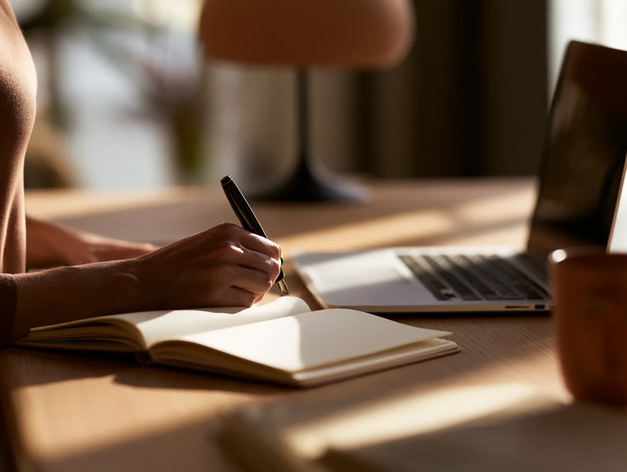 Hands taking notes beside an open laptop in warm afternoon light.