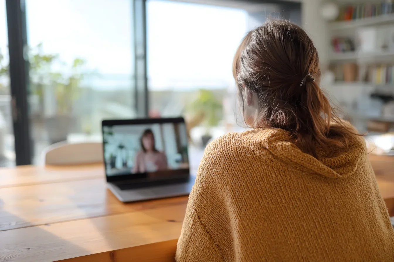 En kvinne sett bakfra i en videosamtale, med samtalepartneren på laptopskjermen