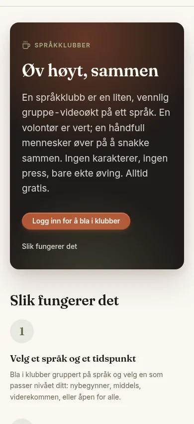 Skjermbilde av siden om språkklubber i TEEI Language med overskriften «Øv høyt, sammen» og steget «Velg et språk og et tidspunkt»