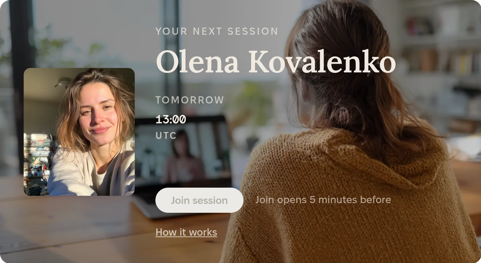 The learner's home card: your next session, Olena Kovalenko, tomorrow 13:00 UTC, Join session, join opens 5 minutes before, how it works