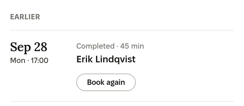 Sample from the platform’s tour. Earlier: 28 September, Monday 17:00, Completed, 45 min, Erik Lindqvist, Book again