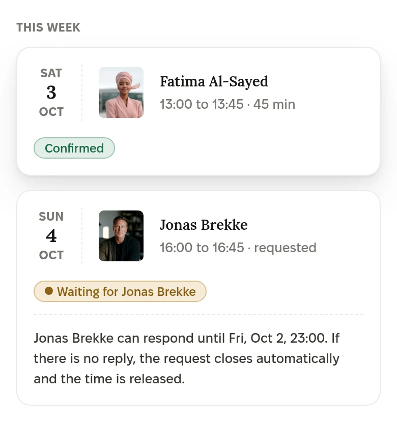 Sample from the platform’s tour. Sessions this week: Saturday 3 October, Fatima Al-Sayed, 13:00 to 13:45, 45 min, Confirmed. Sunday 4 October, Jonas Brekke, 16:00 to 16:45, requested, Waiting for Jonas Brekke. Jonas Brekke can respond until Friday 2 October, 23:00. If there is no reply, the request closes automatically and the time is released.