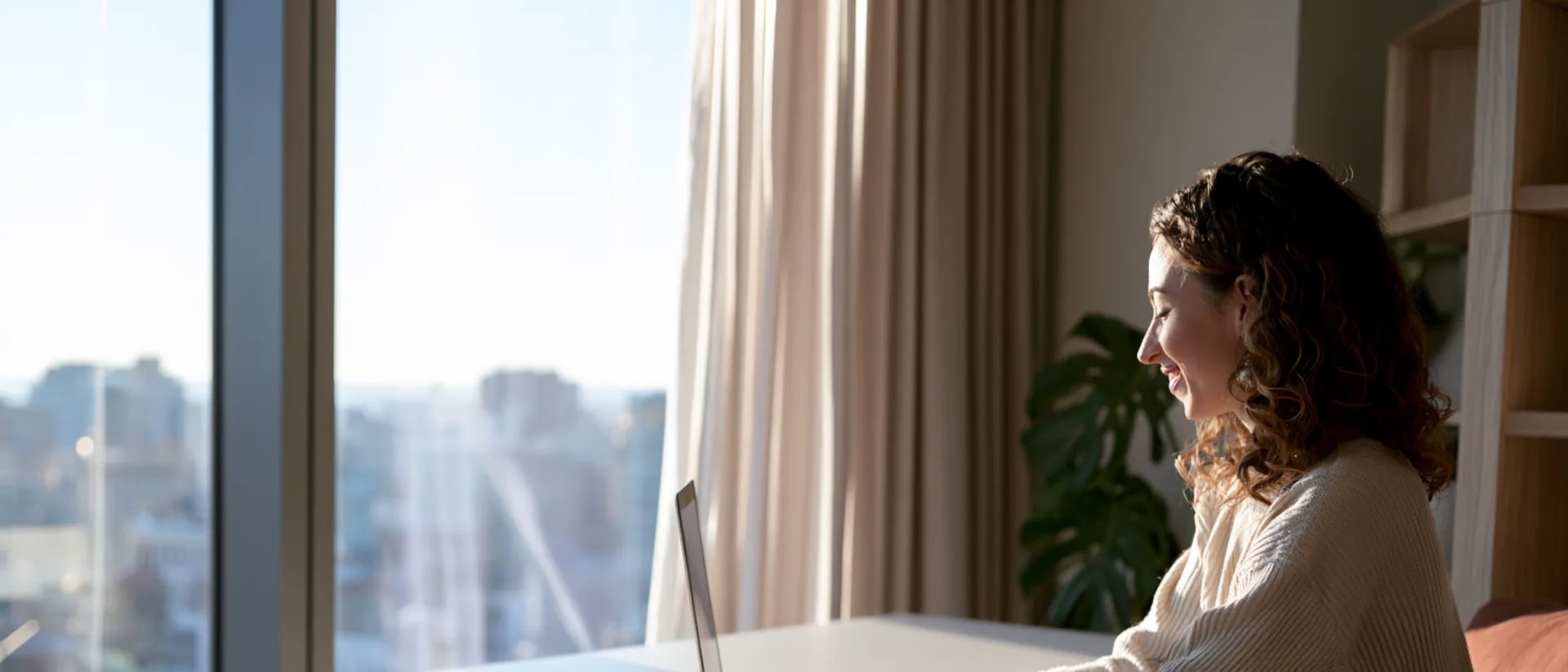 A woman smiling during a video session by a bright city window