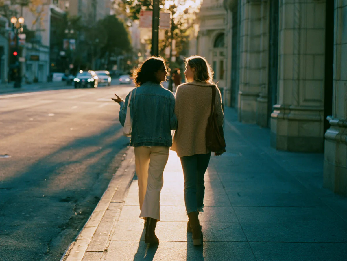 Two women in conversation on an evening walk