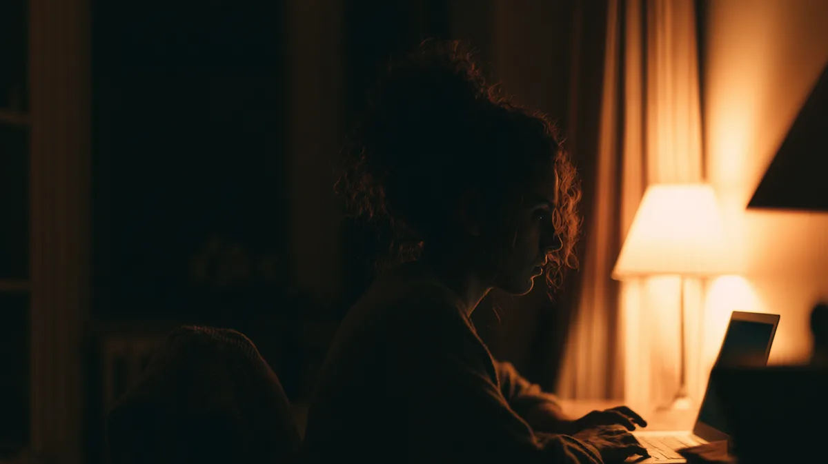 A woman studying at her desk at night by lamplight