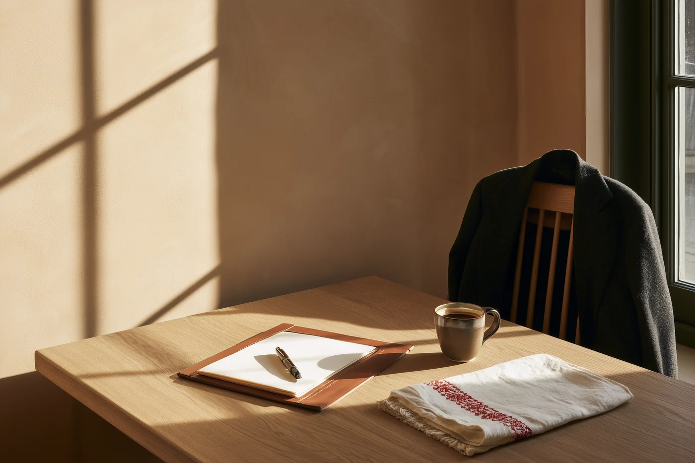 A dark blazer on the back of a chair by an oak table; on the table a leather folder with papers, a pen, coffee and a linen towel with red embroidery