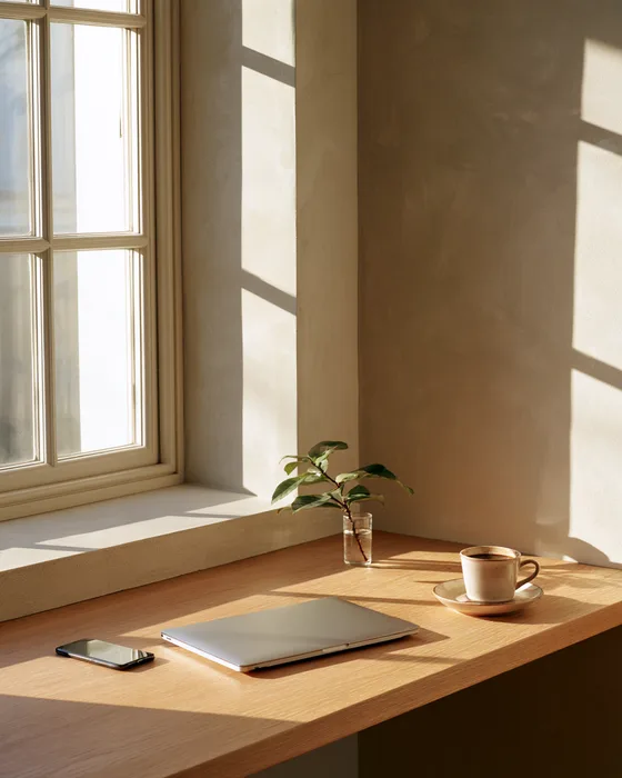 A closed laptop, a phone face down, coffee and a sprig in a glass on a table by the window