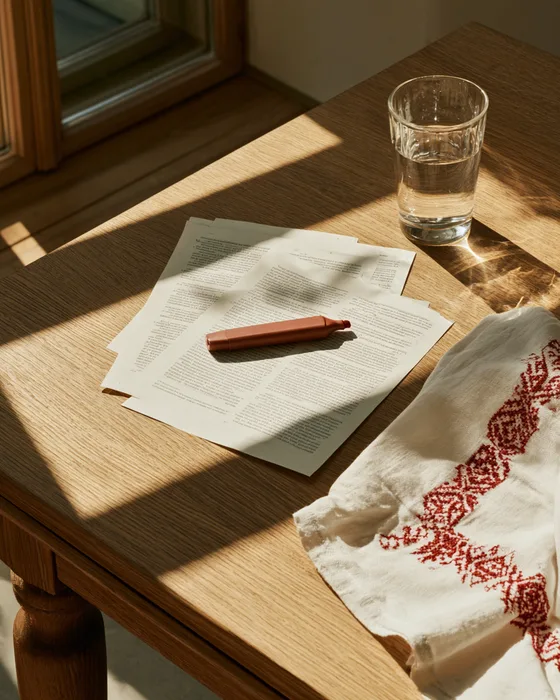 Printed sheets on an oak table, a marker, a glass of water and a linen towel with red embroidery