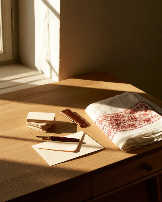A stack of blank business cards, a leather card holder, an open envelope with a pen and a towel with red embroidery on an oak table