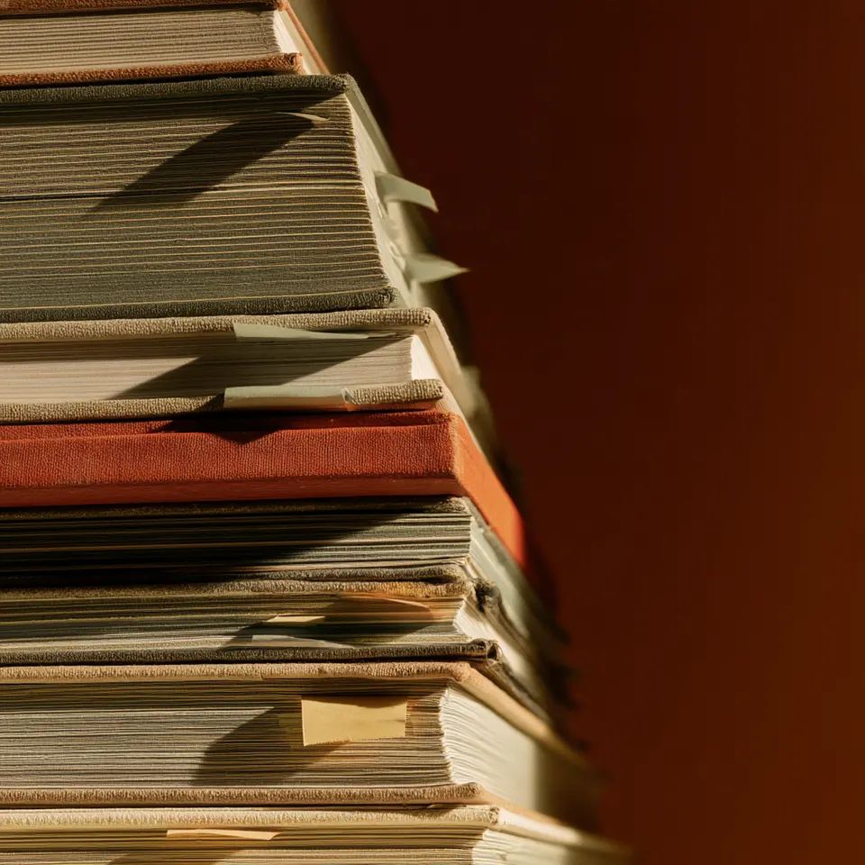 A stack of well-read textbooks seen from the side, with paper bookmarks between the pages